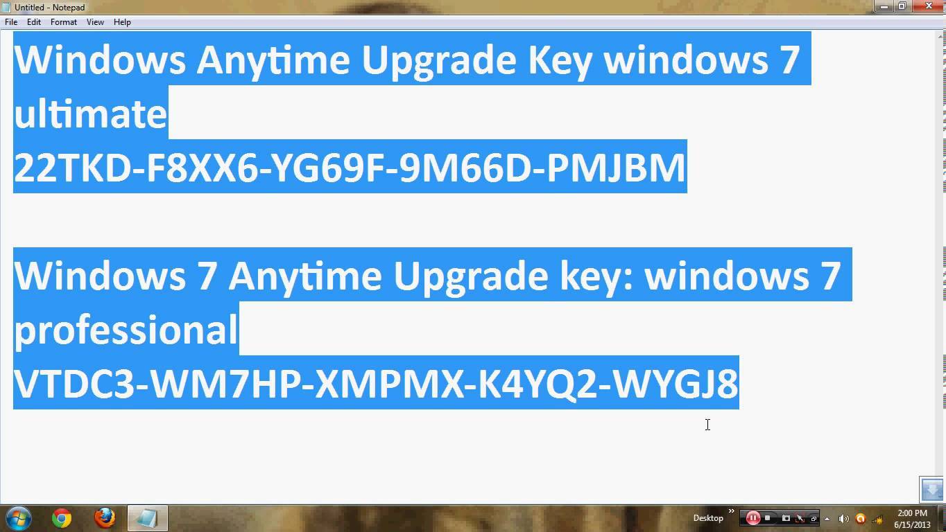 anytime upgrade key for windows 7